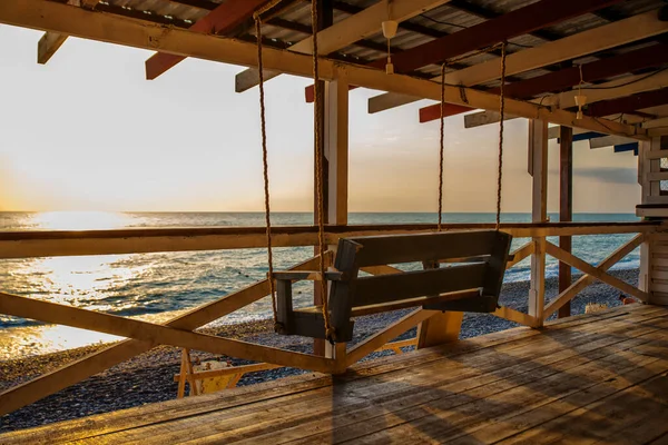 Swing Bench Beach Sea Backdrop Sunset — Stock Photo, Image