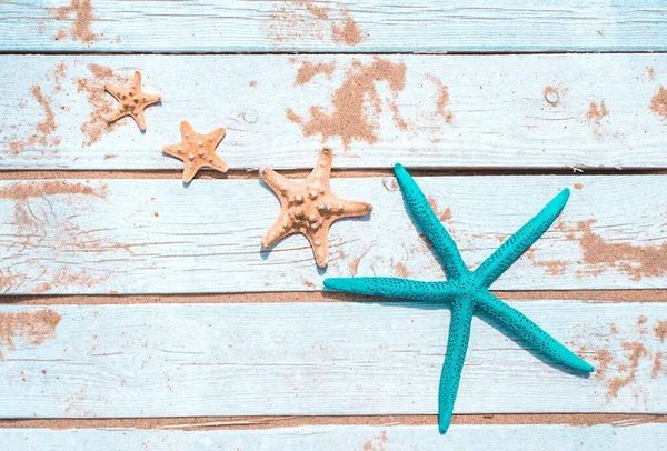 Tahta Beyaz Arka Planda Güzel Deniz Yıldızları Yaz Arkaplanı Üst — Stok fotoğraf