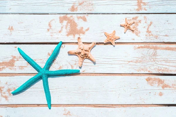 Beautiful Starfishes Wooden White Background Summer Background Top View — Stock Photo, Image