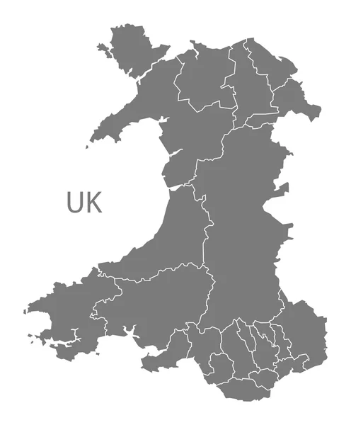 Уельс карту з регіонів сірий ізольовані — стоковий вектор
