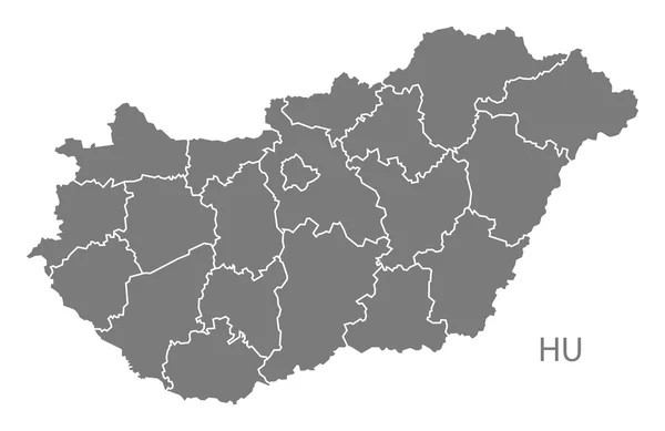 Maďarsko kraje mapa šedá — Stockový vektor