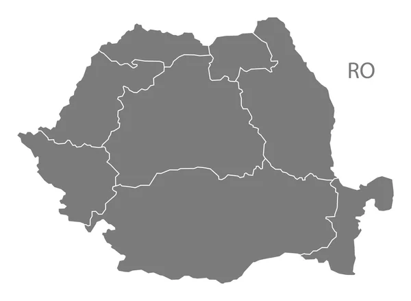 Romania regioni Mappa grigio — Vettoriale Stock