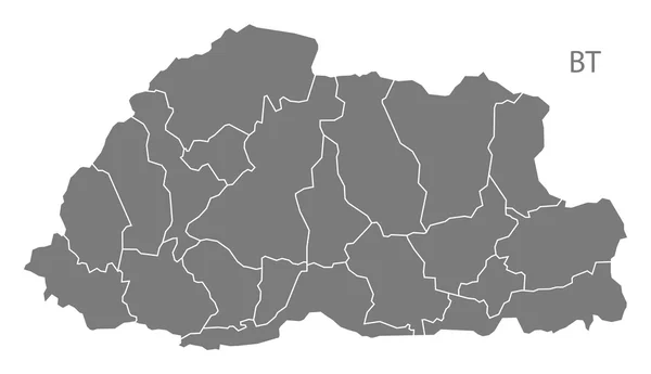 Bután distritos Mapa gris — Vector de stock