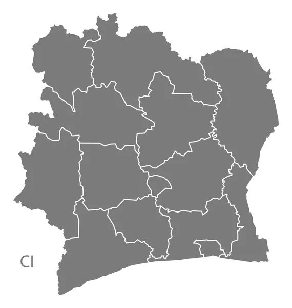 Costa do Marfim distritos Mapa cinza —  Vetores de Stock