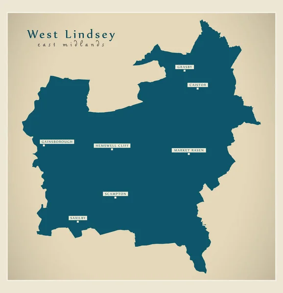 Mapa Del Distrito West Lindsey Inglaterra — Archivo Imágenes Vectoriales