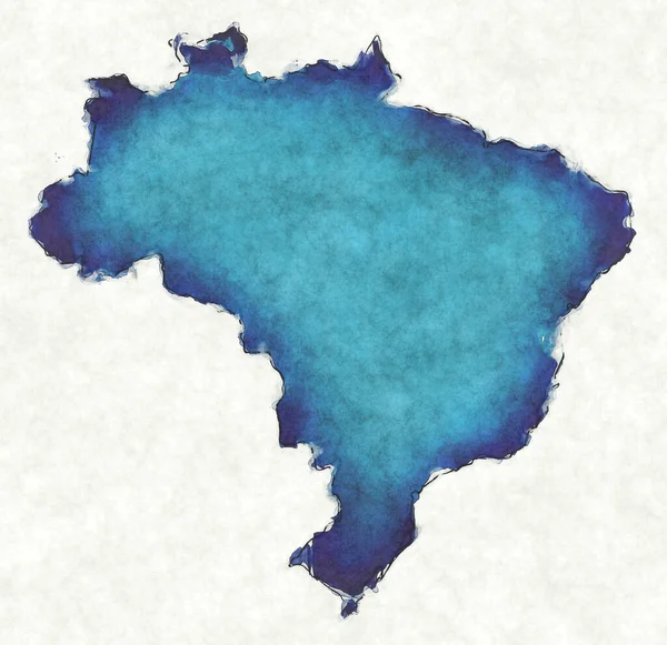 Brazil Map Drawn Lines Blue Watercolor Illustration — Stock Photo, Image