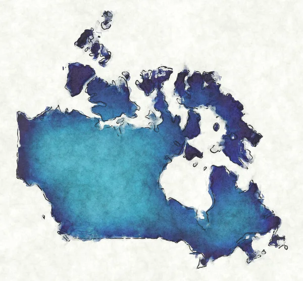 Canada Kaart Met Getrokken Lijnen Blauwe Aquarel Illustratie — Stockfoto