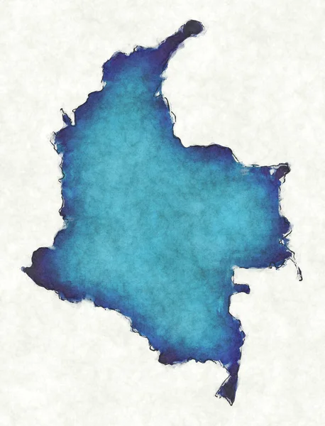 哥伦比亚地图 附有绘制的线条和蓝色水彩画 — 图库照片