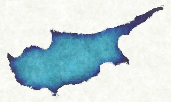 Cypern Karta Med Ritade Linjer Och Blå Akvarell Illustration — Stockfoto