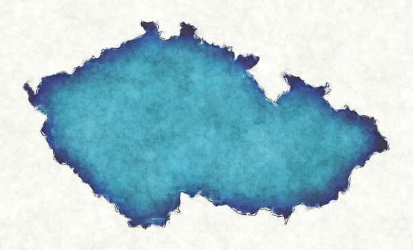 Tsjechische Republiek Kaart Met Getrokken Lijnen Blauwe Aquarel Illustratie — Stockfoto