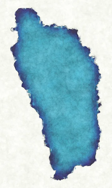 多米尼克地图 附有绘制的线条和蓝色水彩画 — 图库照片