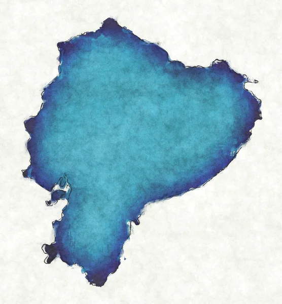 Ecuador Karta Med Ritade Linjer Och Blå Akvarell Illustration — Stockfoto