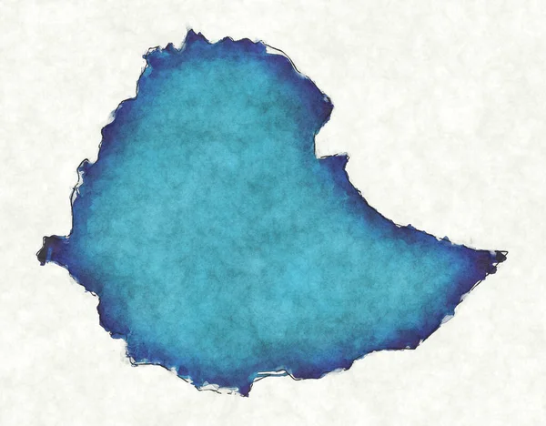 埃塞俄比亚地图 附有绘制的线条和蓝色水彩画 — 图库照片