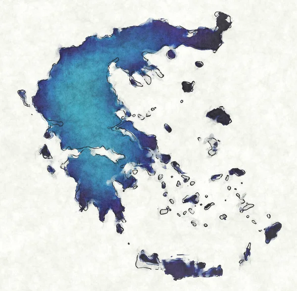 Grécia Mapa Com Linhas Desenhadas Ilustração Aquarela Azul — Fotografia de Stock
