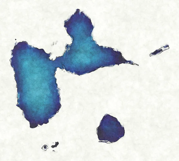 Карта Гваделупи Намальованими Лініями Синім Аквареллю — стокове фото