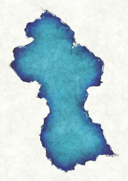 線画と青の水彩画のガイアナ地図 — ストック写真