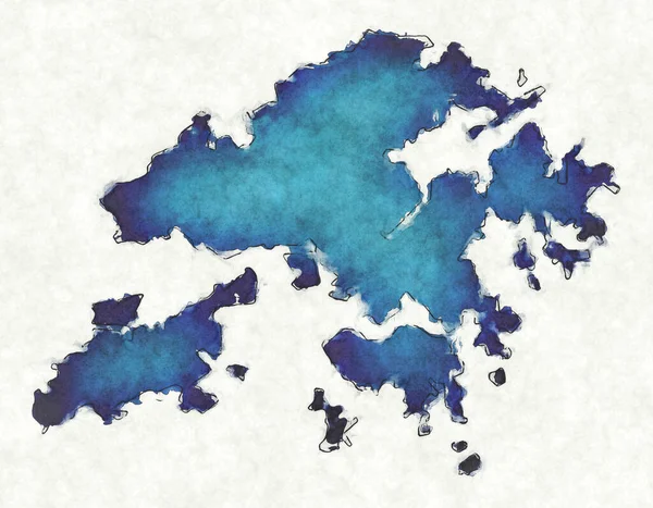 Hongkong Karta Med Ritade Linjer Och Blå Akvarell Illustration — Stockfoto