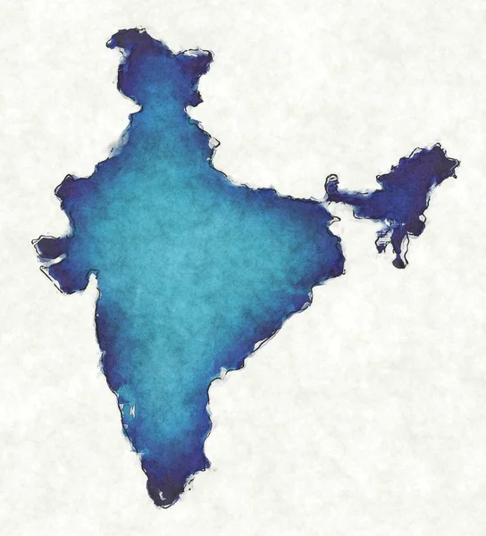 India Kaart Met Getrokken Lijnen Blauwe Aquarel Illustratie — Stockfoto