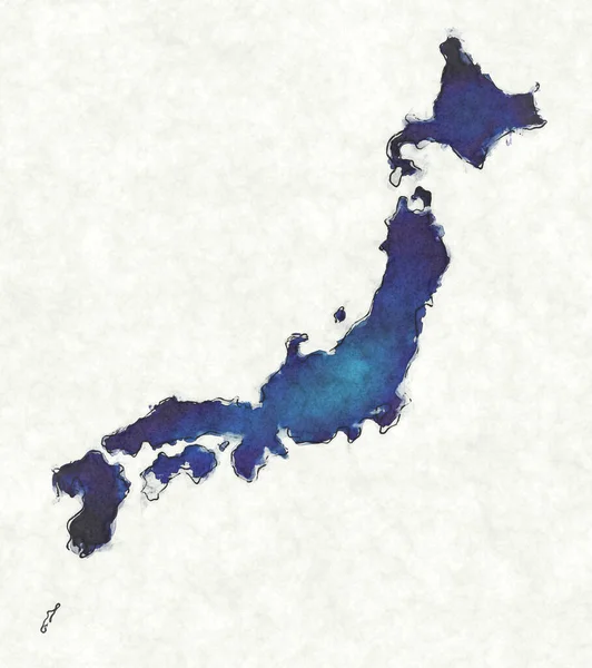 Japão Mapa Com Linhas Desenhadas Ilustração Aquarela Azul — Fotografia de Stock