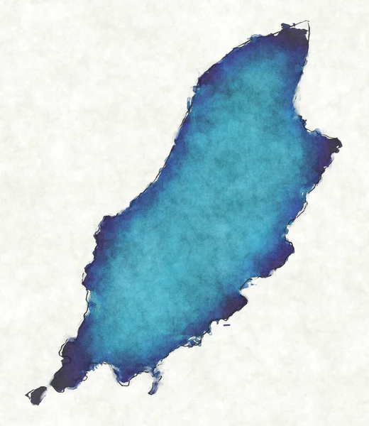 附有画线和蓝色水彩画的马恩岛地图 — 图库照片