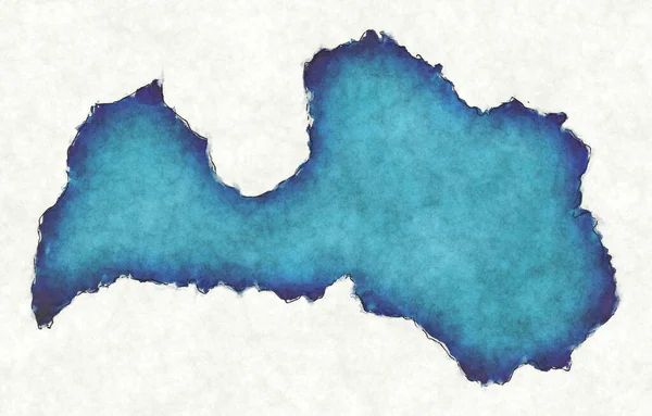 Lettland Karta Med Ritade Linjer Och Blå Akvarell Illustration — Stockfoto