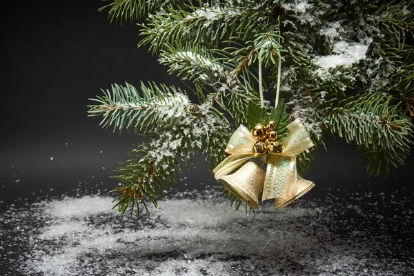 Christmas Decoration Bells Branch Christmas Tree Artificial Snow Black Background Royalty Free Stock Photos