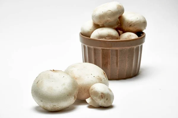 Funghi bianchi champignons su uno sfondo leggero. — Foto Stock