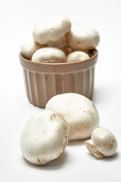 Champignons mit weißen Pilzen auf hellem Hintergrund. — Stockfoto
