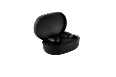 Kablosuz kulaklıklar beyaz arkaplanda izole. Yakın plan. Suçlama davasında kulaklık.