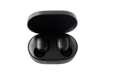 Kablosuz kulaklıklar beyaz arkaplanda izole. Yakın plan. Suçlama davasında kulaklık.