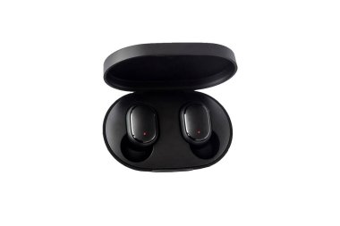 Kablosuz kulaklıklar beyaz arkaplanda izole. Yakın plan. Suçlama davasında kulaklık.