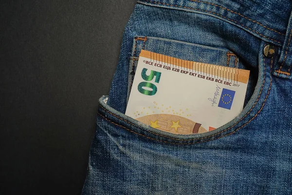 Euro Banknote Front Pocket Blue Jeans Money Your Pocket Cash — Stock Photo, Image