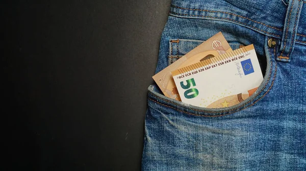 Eurosedel Framfickan Blå Jeans Pengar Fickan Kontanter — Stockfoto