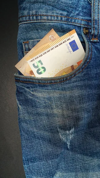 Euro Schein Der Vordertasche Einer Blauen Jeans Geld Der Tasche — Stockfoto