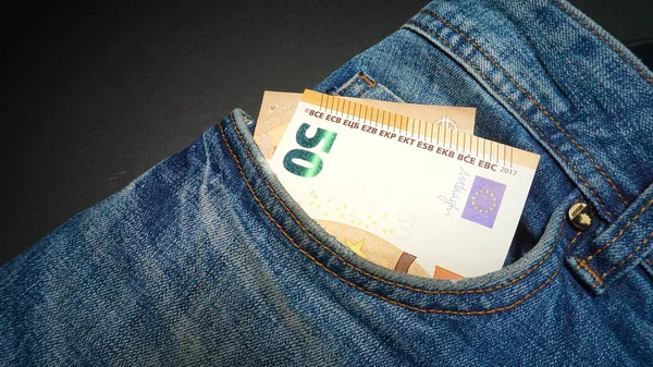 Eurobankbiljet Voorzak Van Een Blauwe Jeans Geld Zak Geld — Stockfoto