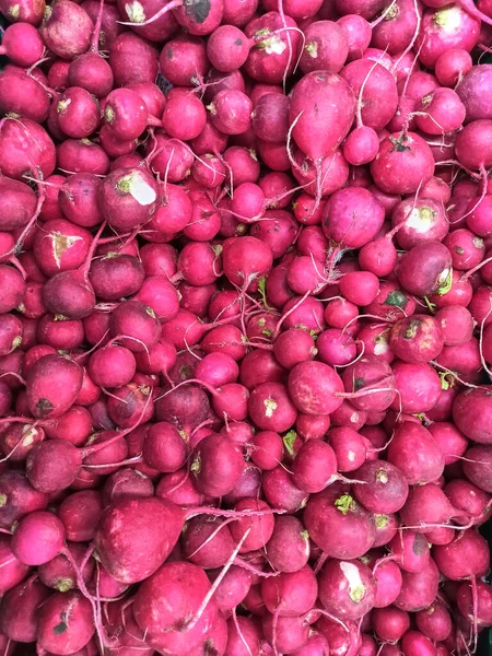 A lot of red ripe radish, top view. — Stock Photo, Image
