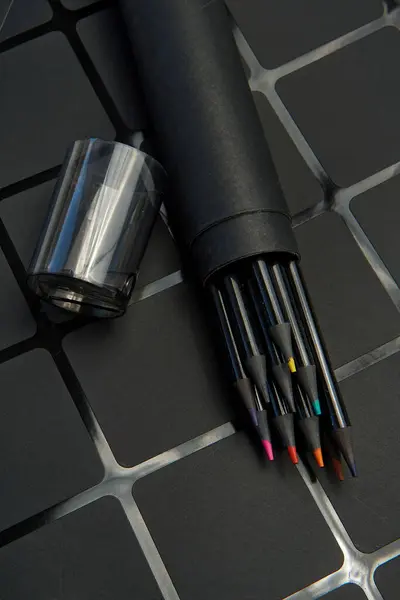 Set Colored Pencils Cardboard Case Dark Background — Φωτογραφία Αρχείου