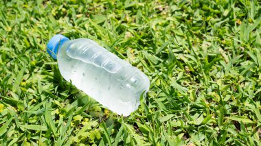 Sıcak yaz günü için yeşil çimlerin üzerinde duran küçük bir şişe durgun su. Kopyalama alanı olan çim arkaplanı