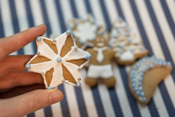 Un montón de panes de jengibre navideños de diferentes formas. Conjunto de panes de jengibre. Estrella de jengibre casera. — Foto de Stock