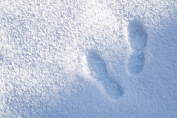 Опасная прогулка по снегу. Свежие снежные отпечатки обуви в тени. Следы в снегу, идущие вперед — стоковое фото