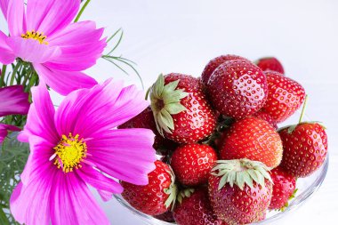 Pembe çiçekli ve kırmızı çilekli açık arkaplan. Çilek