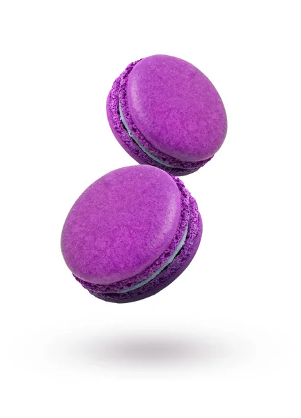 Franse Makaken Violetcookies Een Witte Achtergrond Kleurrijke Ara Vliegen — Stockfoto