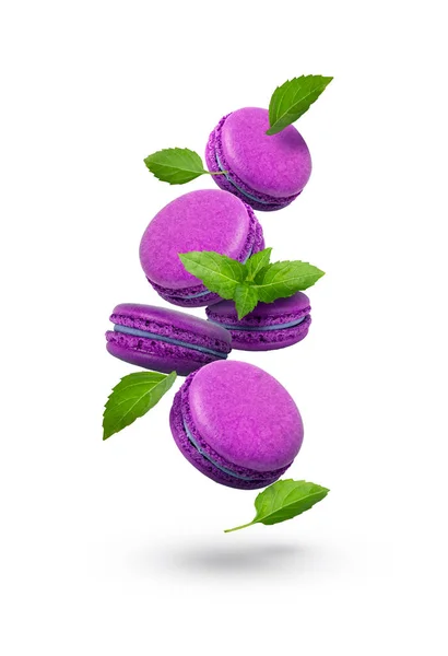 French Macaroons Violetcookies White Background Colorfulmacaroons Fly — Stock Photo, Image