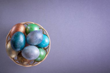 Renkli Paskalya yumurtaları. Paskalya geçmişi. Gri arka planda minimalist Paskalya konsepti. Metin için kopyalama alanı olan kart.