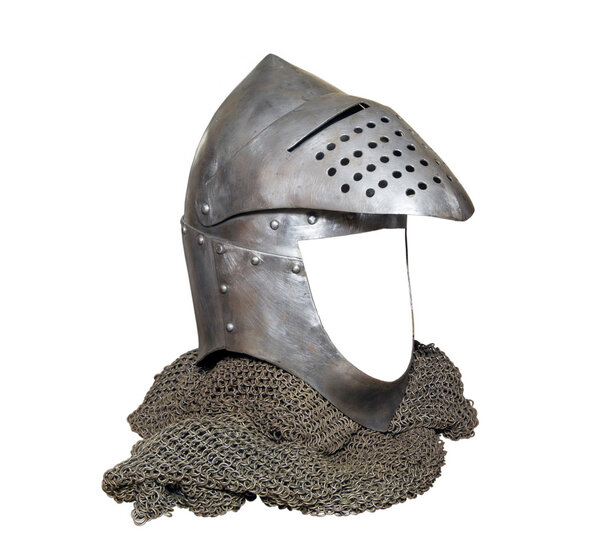 knight helmet with visor raised and chainmail