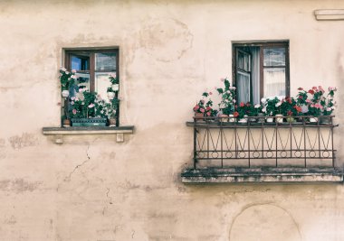 pencere, balkon, çiçekler, parça, eski görüntü stili fotoğraf.