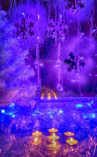 Christmas tree, festive candles, wallpaper. — 图库照片