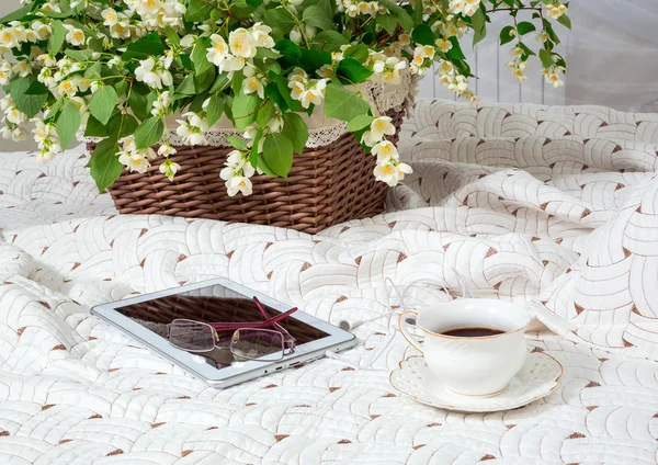 Buenos días. flores de jazmín, cama. fragmento — Foto de Stock