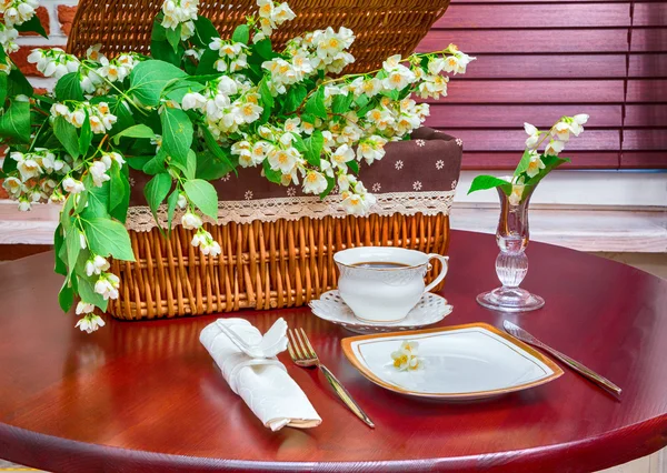 Juego de platos y flores de jazmín — Foto de Stock
