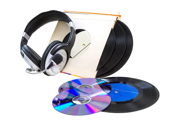 Headphones, vinyl records, CDs, — Stock Photo, Image
